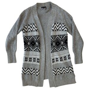 Lety & Me Cozy Knit Women Gray Fair Isle Long Open Nordic Cardigan Sweater M